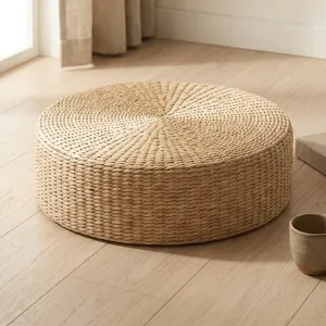 Japandi Floor Pouf in Braided Natural Fiber — view 1
