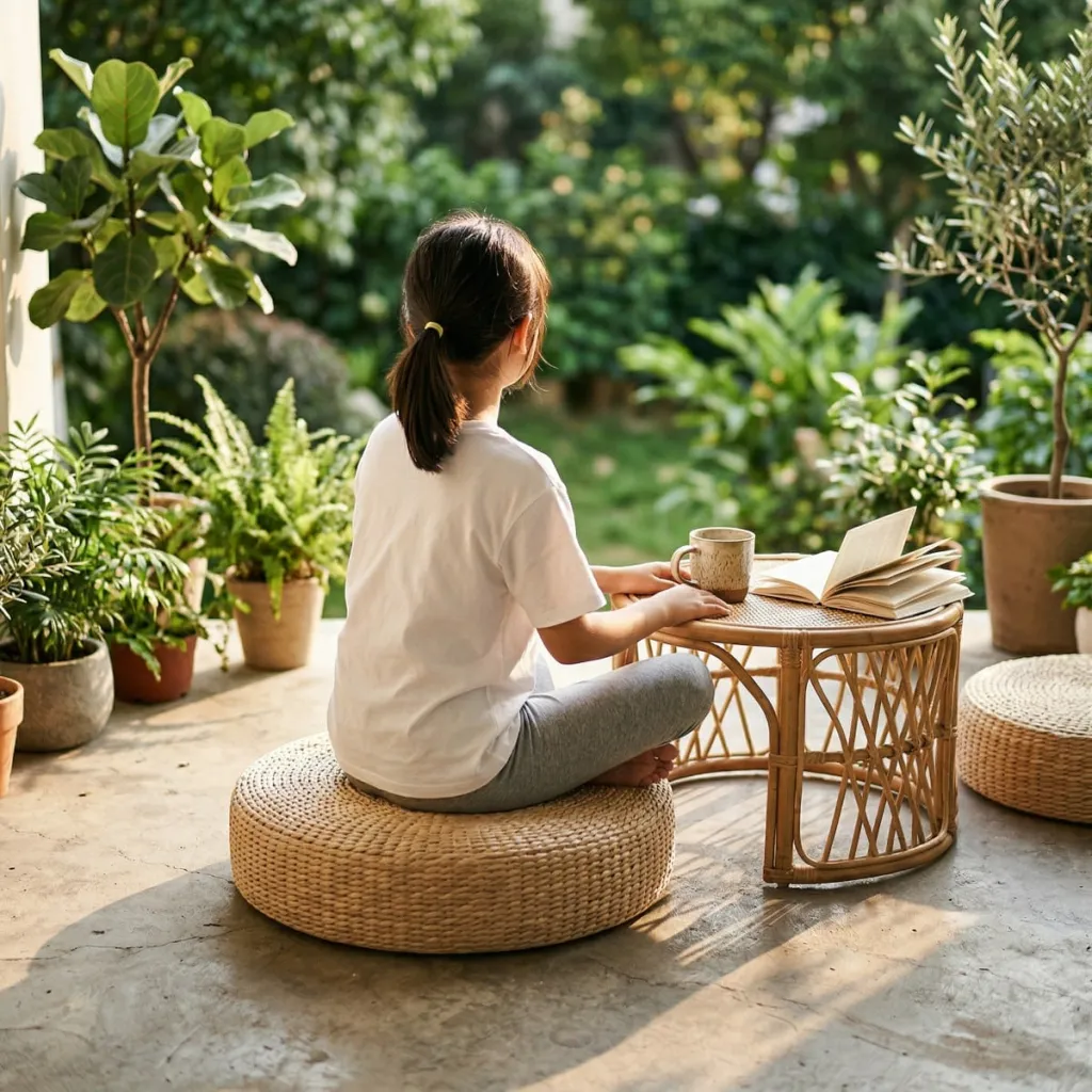 Japandi Floor Pouf in Braided Natural Fiber — flexible, beautiful styling