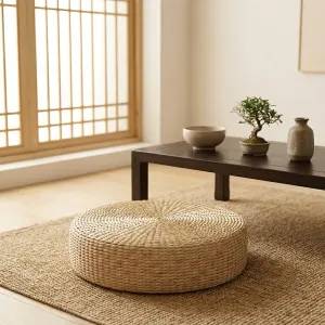 Japandi Floor Pouf in Braided Natural Fiber — view 6