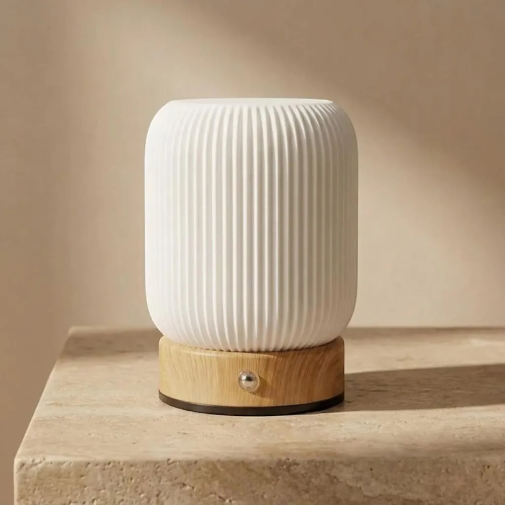 Fluted Rechargeable Japandi Lamp with Wood Base