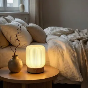 Fluted Rechargeable Japandi Lamp with Wood Base — view 6