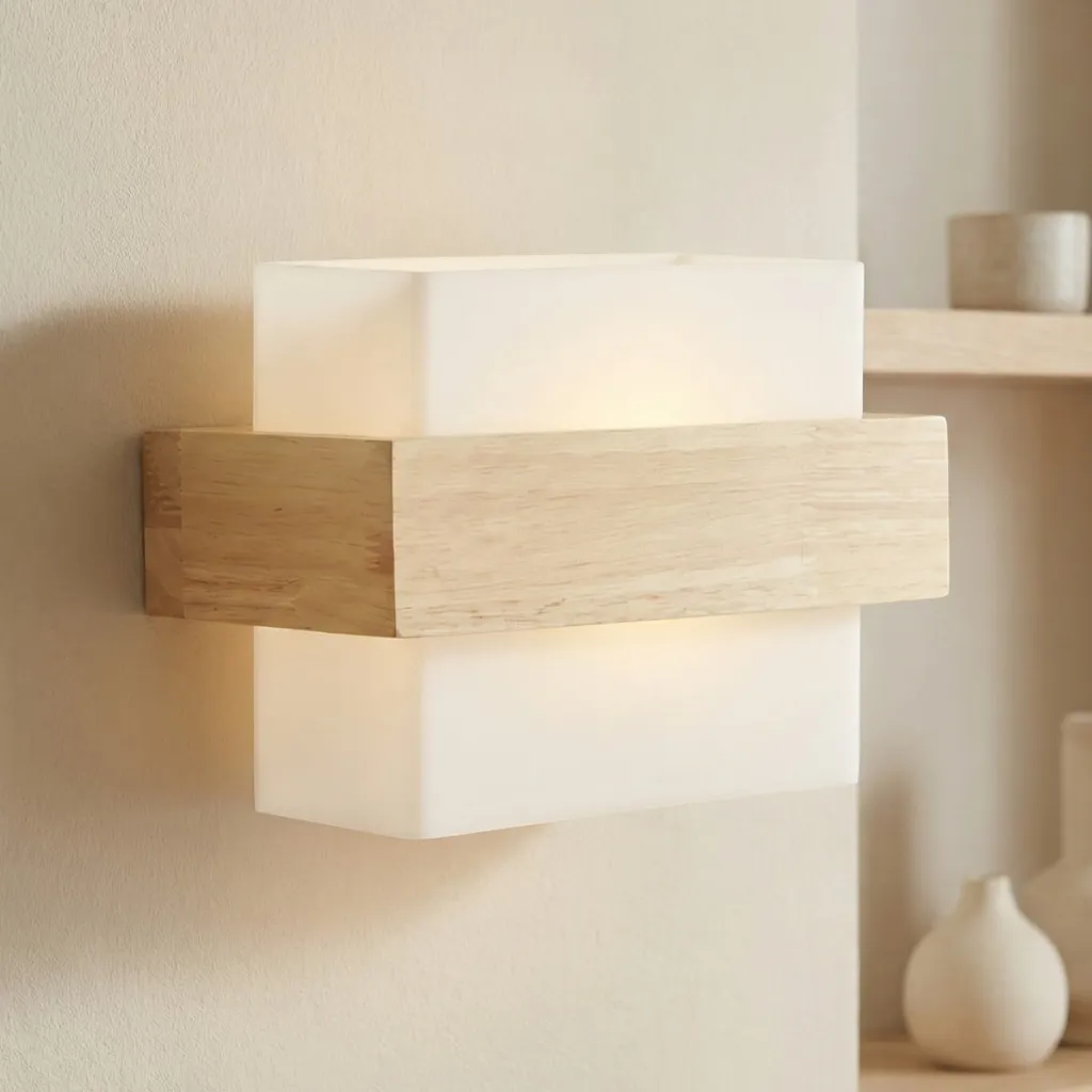 Japandi Wall Sconce in Frosted Glass and Natural Wood