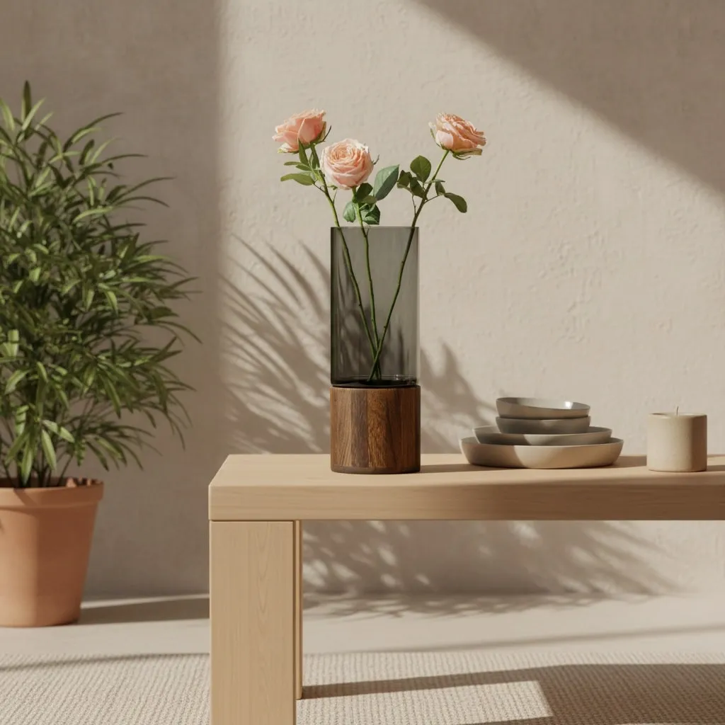 Japandi Glass Vase with Wood-Style Stand