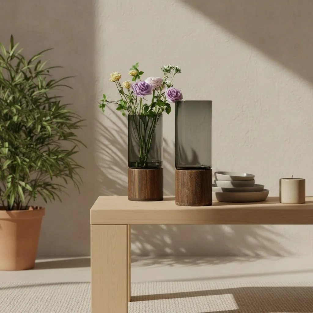 Japandi Glass Vase with Wood-Style Stand — a piece designed for serenity