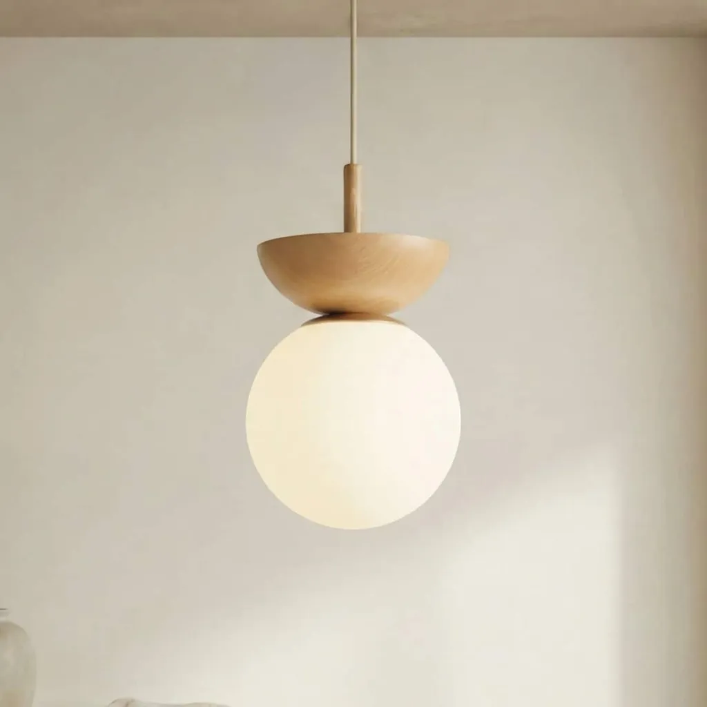 Japandi Glass and Wood Ball Pendant Light