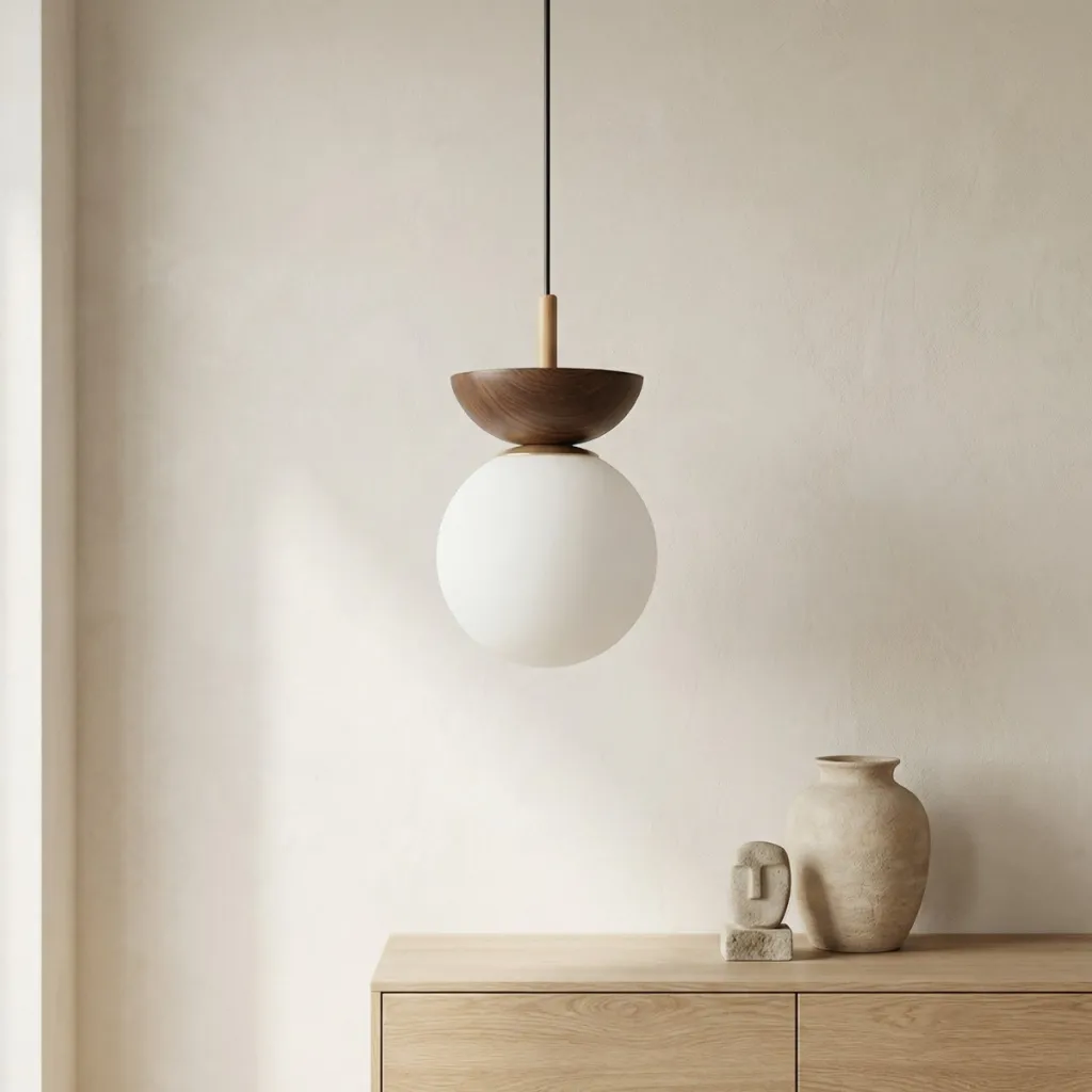 Japandi Glass and Wood Ball Pendant Light — a piece designed for serenity