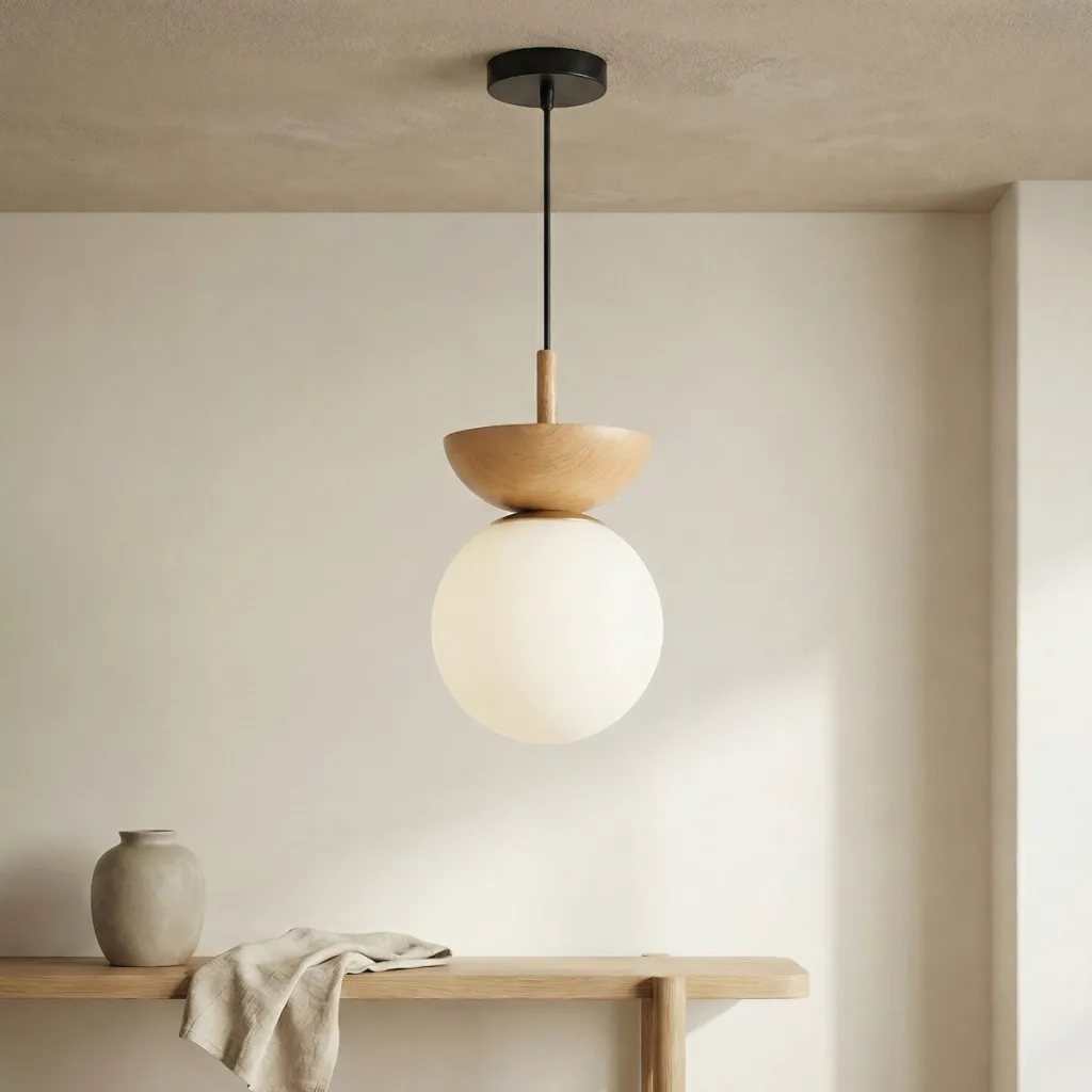 Japandi Glass and Wood Ball Pendant Light