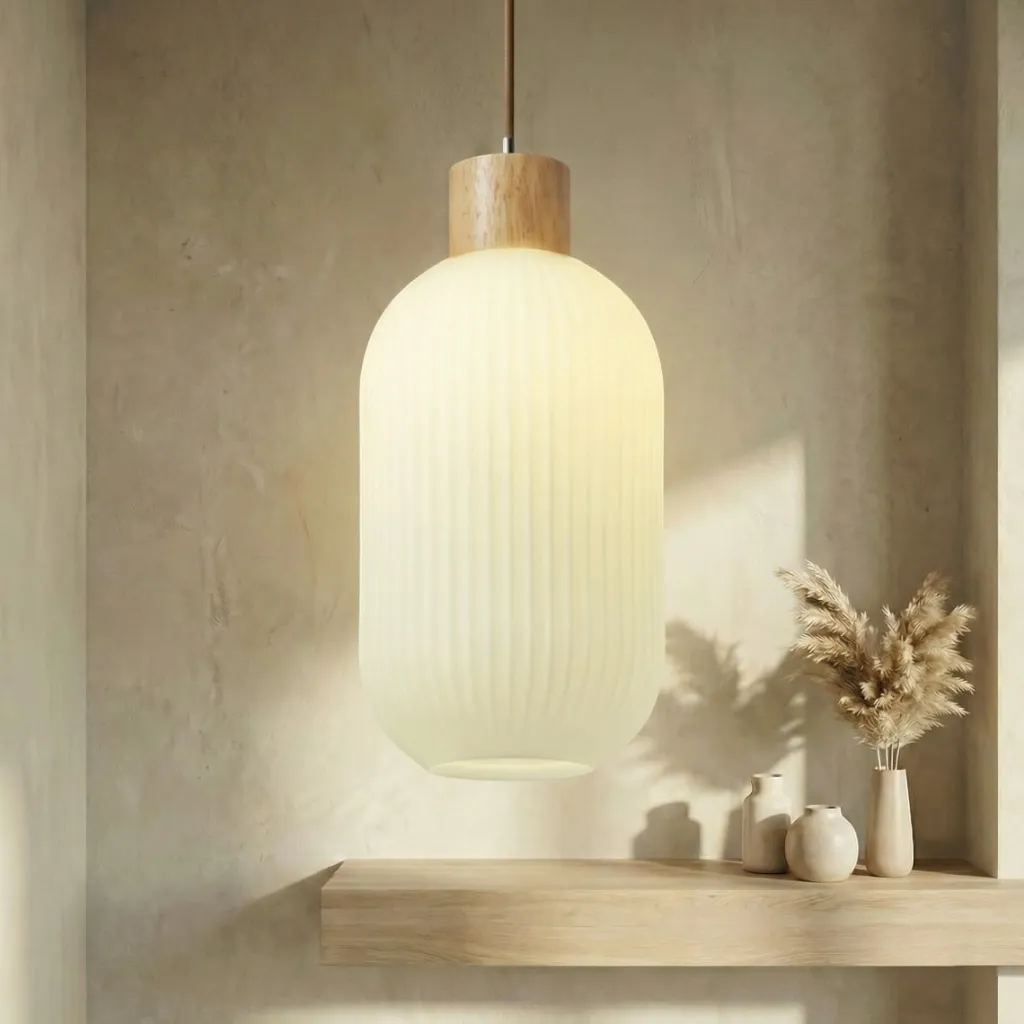 Japandi Glass and Wood Pendant Light