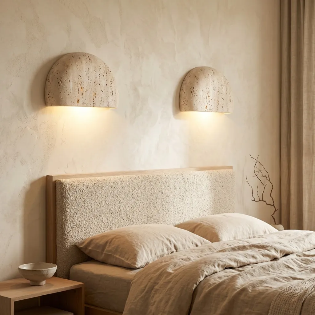 Japandi Half-Moon Travertine Wall Sconce — a piece designed for serenity