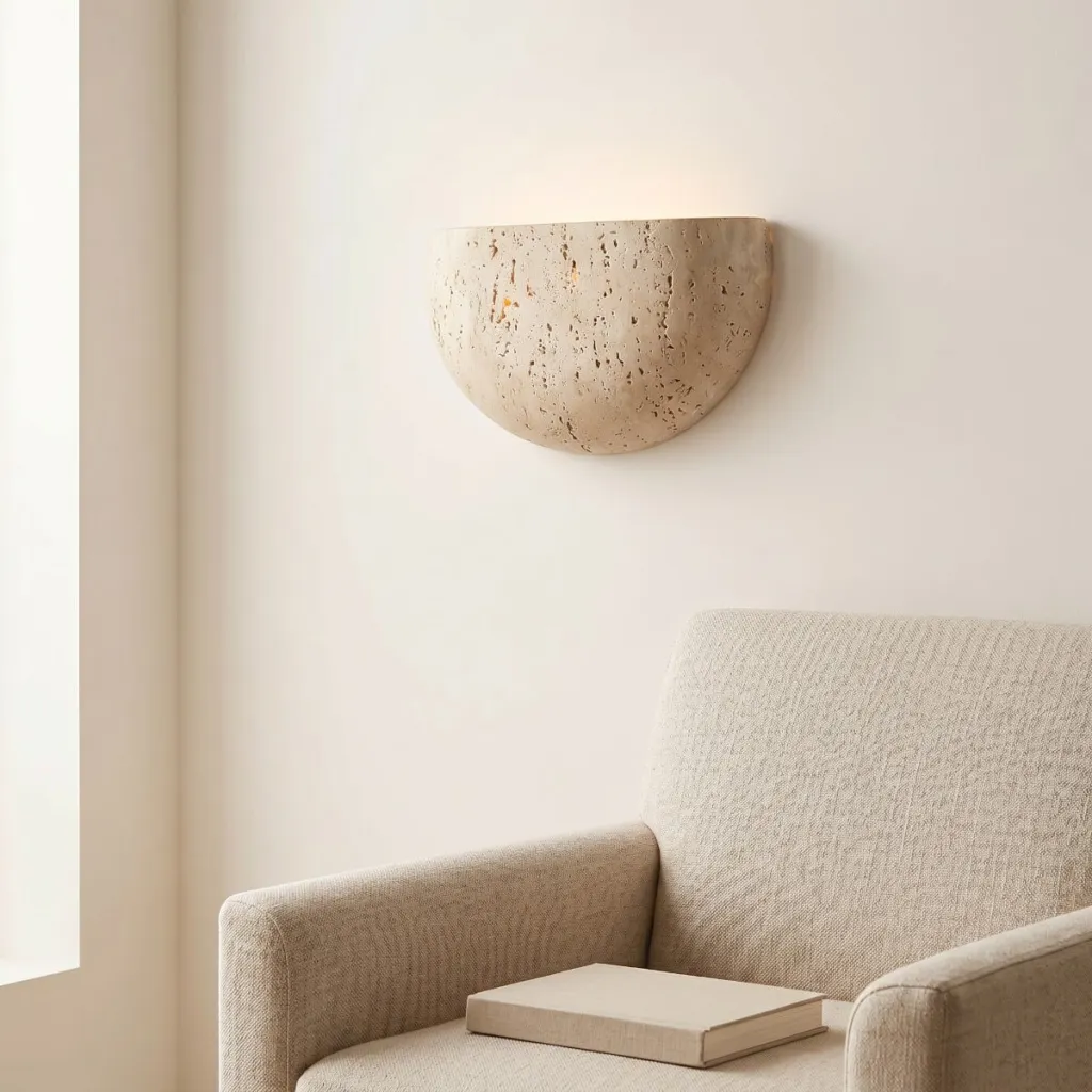 Japandi Half-Moon Travertine Wall Sconce — where minimalism meets durability