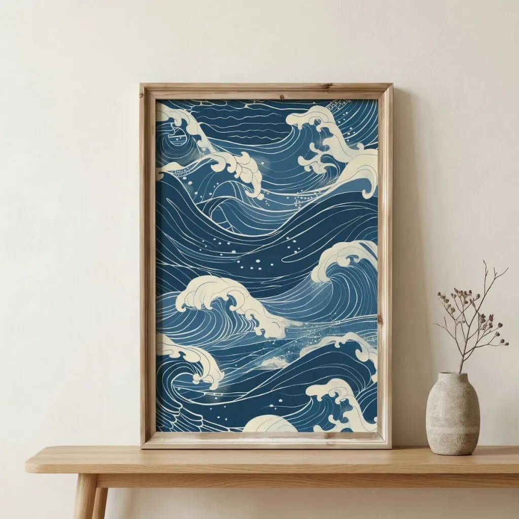 Japandi Indigo Wave Print Poster, Woodblock Style