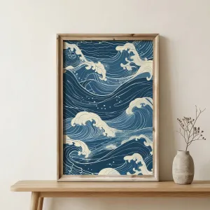 Japandi Indigo Wave Print Poster, Woodblock Style — view 1