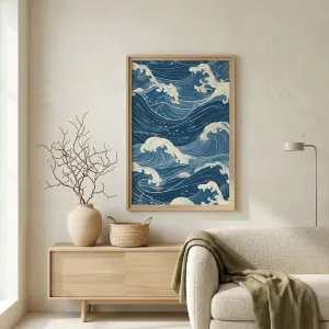 Japandi Indigo Wave Print Poster, Woodblock Style — view 2