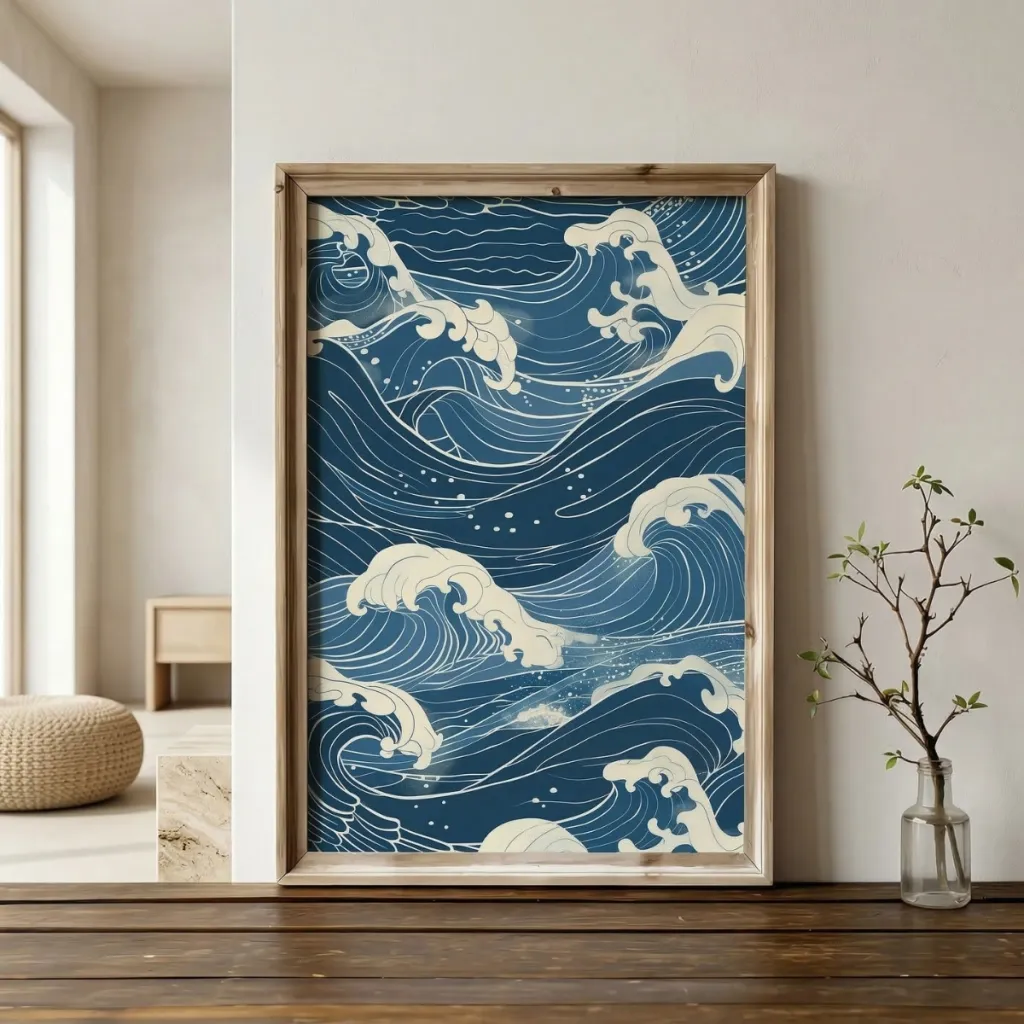 Japandi Indigo Wave Print Poster, Woodblock Style — where minimalism meets durability