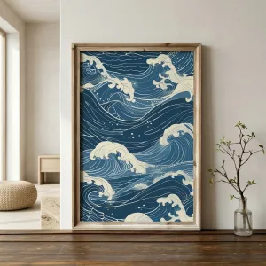 Japandi Indigo Wave Print Poster, Woodblock Style — view 3