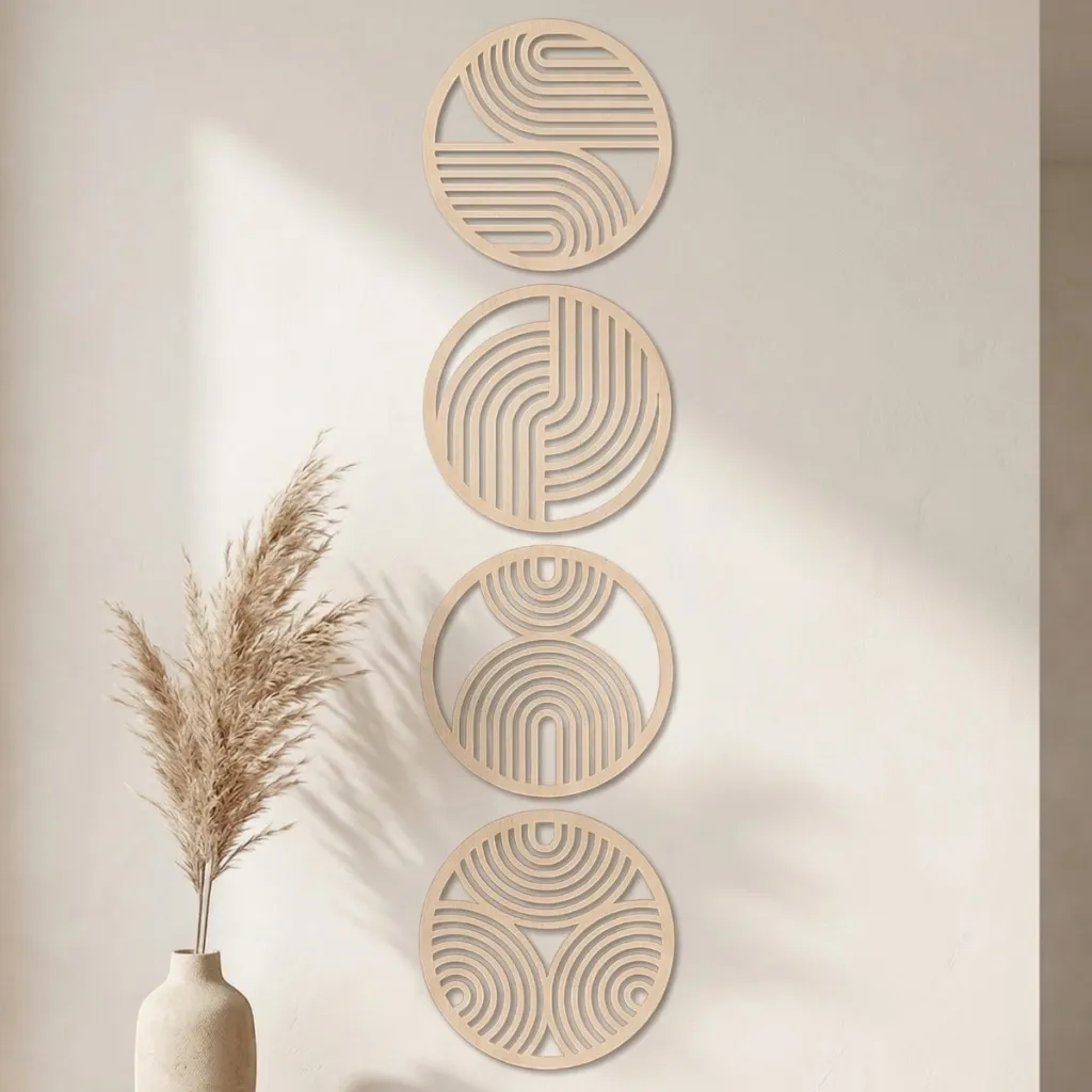 Japandi Japanese Garden Wood Wall Art, Set of 4