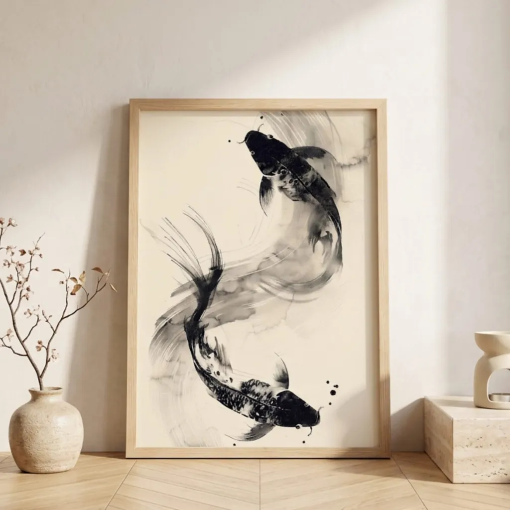 Japandi Koi Carp Ink Wash Poster