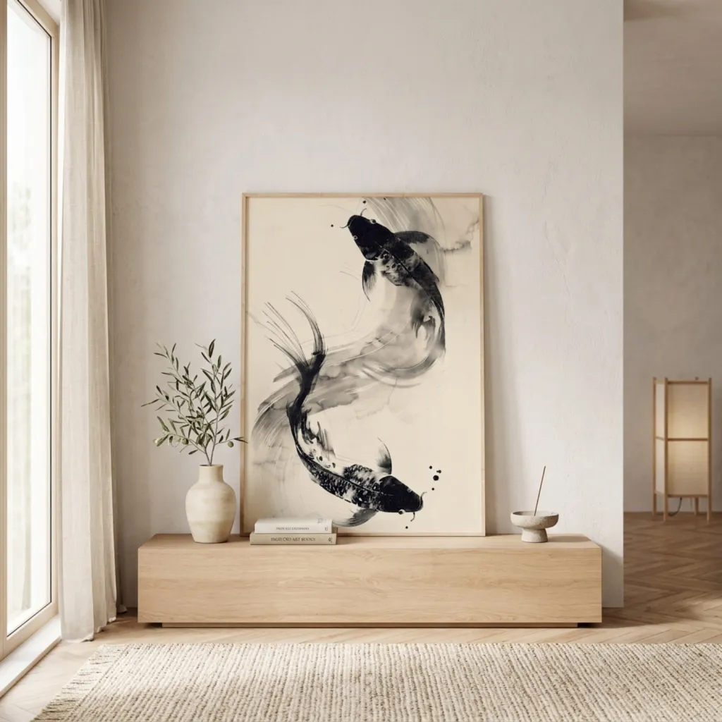 Japandi Koi Carp Ink Wash Poster — flexible, beautiful styling
