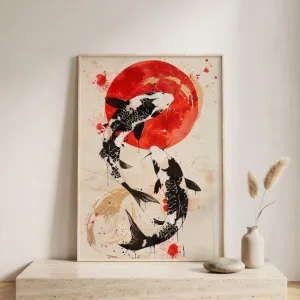 Japandi Koi Carp and Red Sun Poster — view 1