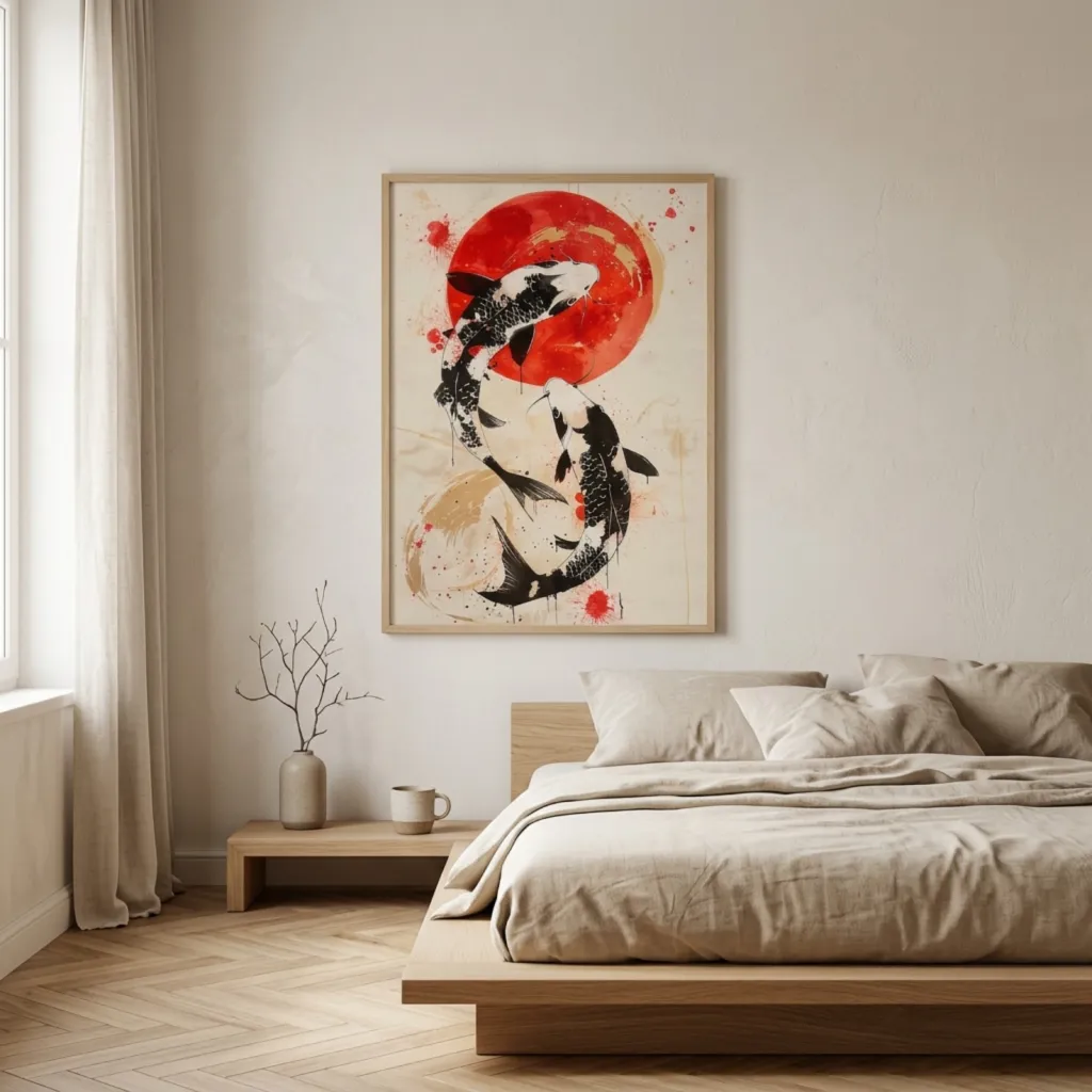 Japandi Koi Carp and Red Sun Poster — a piece designed for serenity