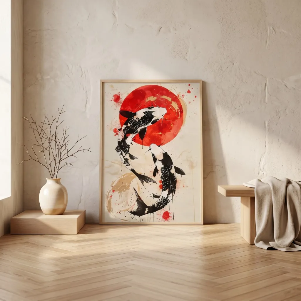 Japandi Koi Carp and Red Sun Poster — where minimalism meets durability