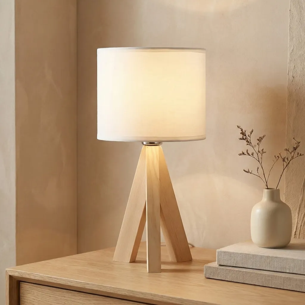 Japandi Lamp in Light Wood with Beige Shade
