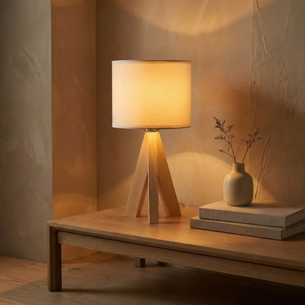 Japandi Lamp in Light Wood with Beige Shade — flexible, beautiful styling