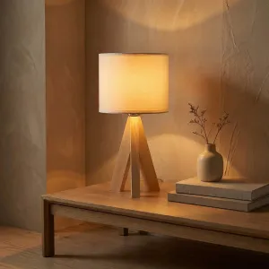 Japandi Lamp in Light Wood with Beige Shade — view 4