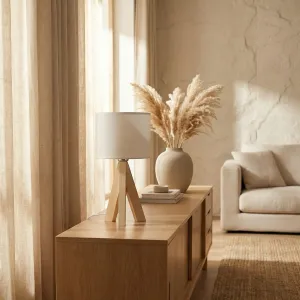 Japandi Lamp in Light Wood with Beige Shade — view 5