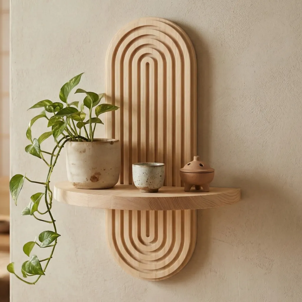 Japandi Minimalist Arch Wall Shelf in Wood