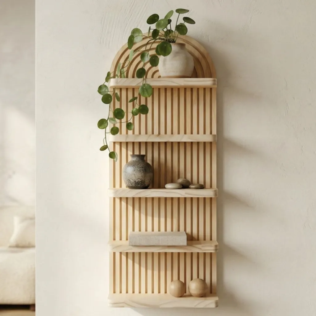 Japandi Natural Wood Shelf with Minimalist Design