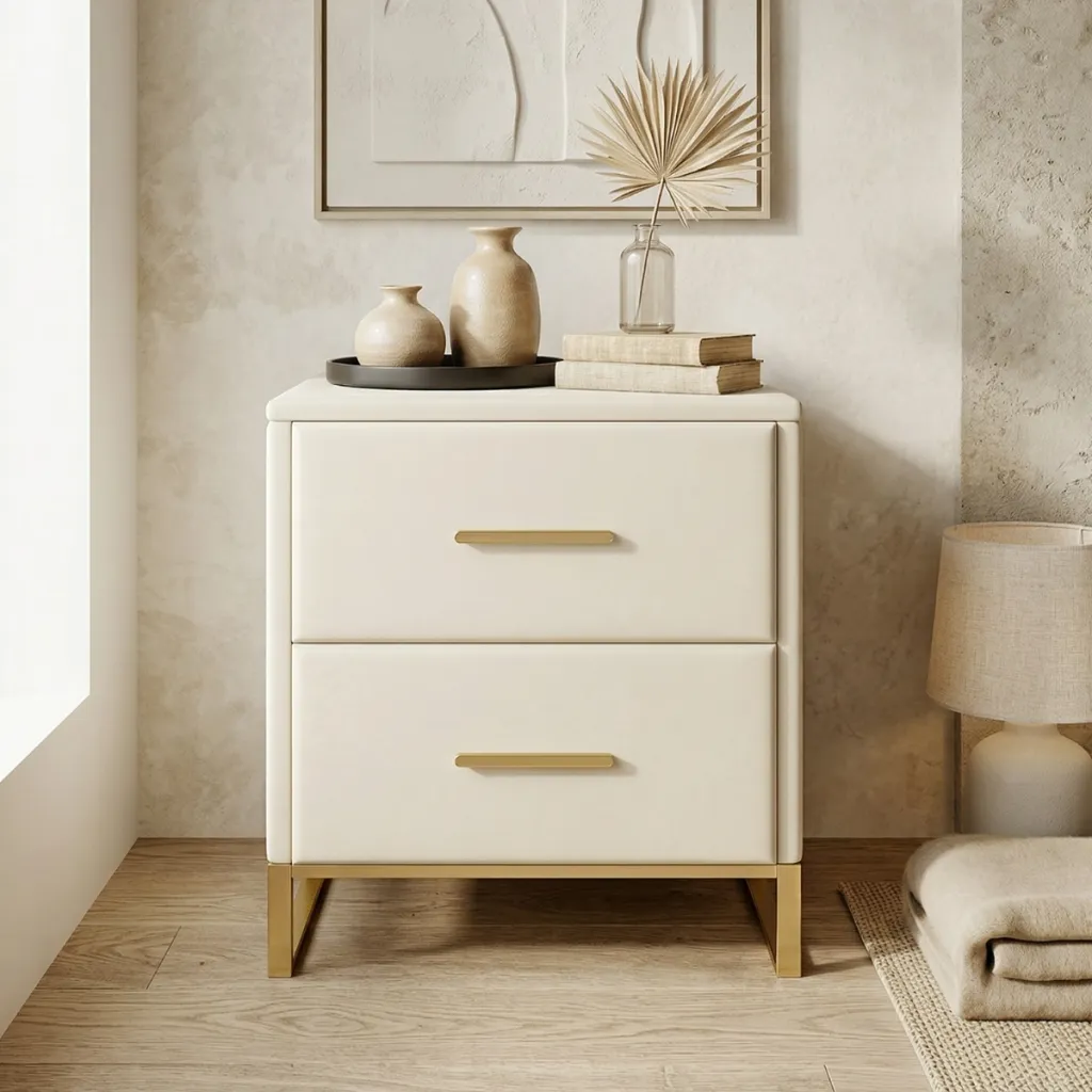Set of 2 Japandi Nightstands, White and Gold