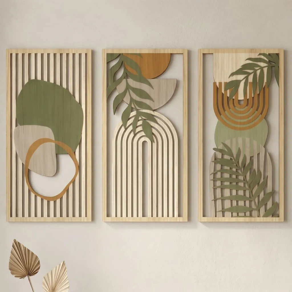 Japandi Openwork Wood Wall Art Triptych with Organic Motifs
