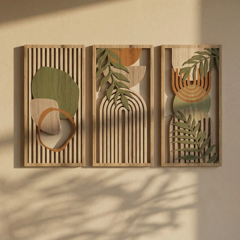 Japandi Openwork Wood Wall Art Triptych with Organic Motifs — a piece designed for serenity