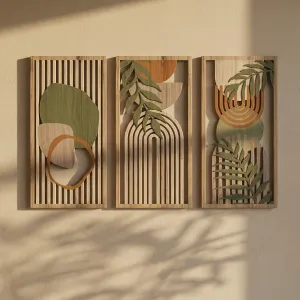 Japandi Openwork Wood Wall Art Triptych with Organic Motifs — view 2