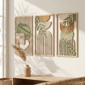 Japandi Openwork Wood Wall Art Triptych with Organic Motifs — view 5