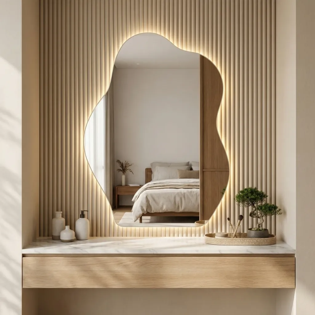 Organic-Shape Japandi Mirror with LED Light — where minimalism meets durability