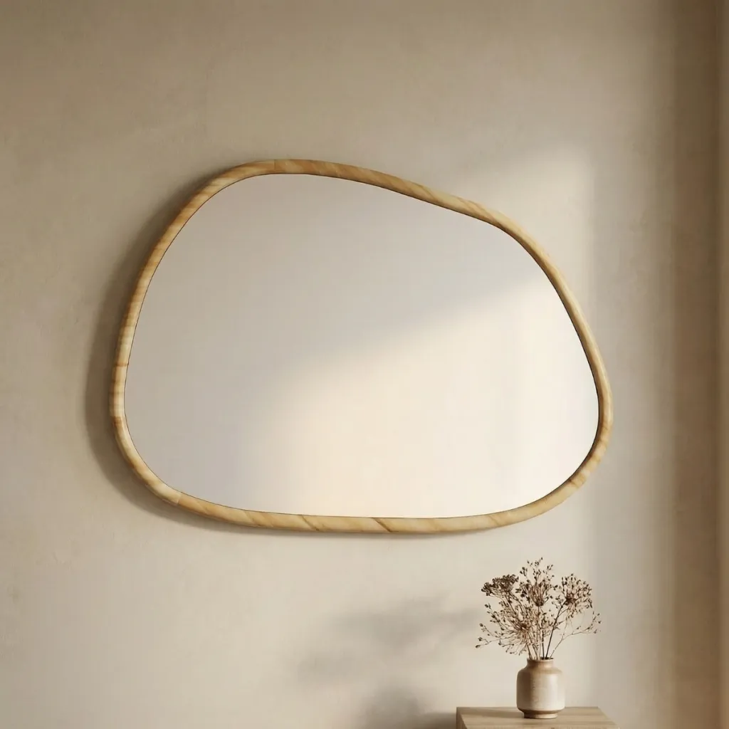 Organic-Shape Japandi Mirror in Light Pine Wood