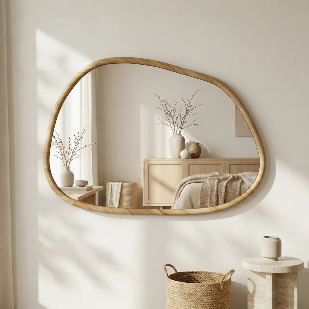 Organic-Shape Japandi Mirror in Light Pine Wood — where minimalism meets durability