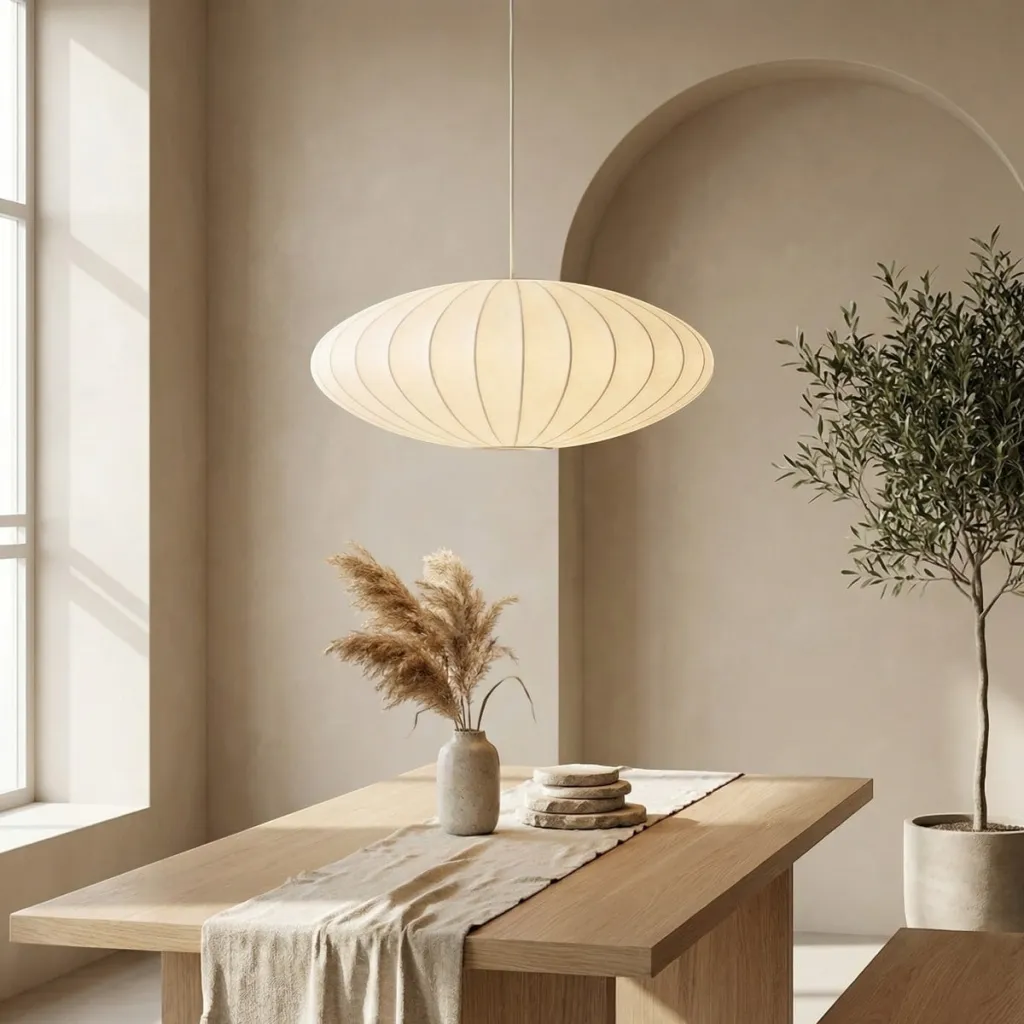 Japandi Handcrafted Oval Pendant Light in Natural Silk — flexible, beautiful styling