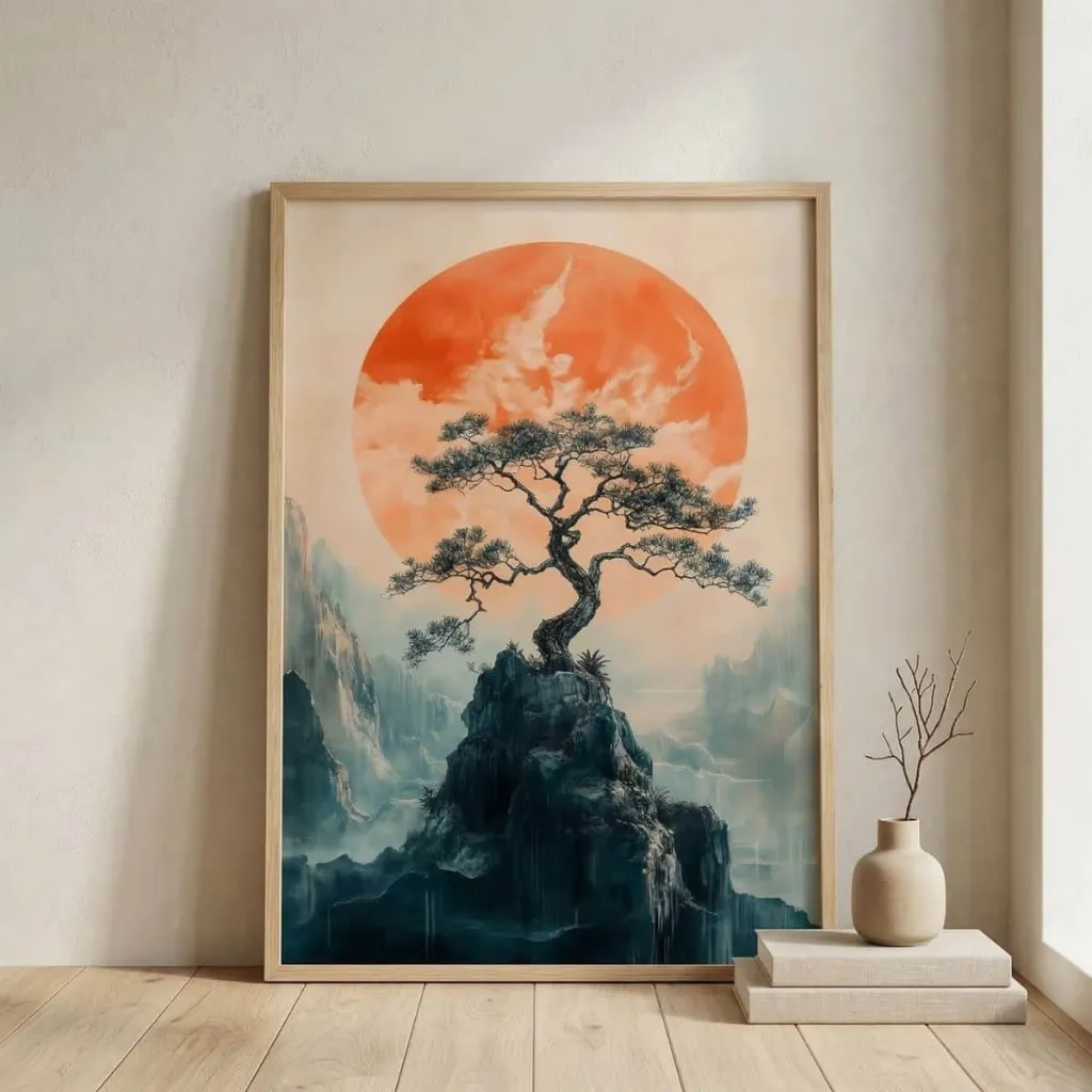 Japandi Pine and Sunrise Landscape Poster