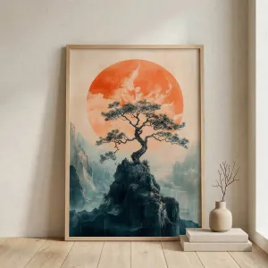 Japandi Pine and Sunrise Landscape Poster — view 1