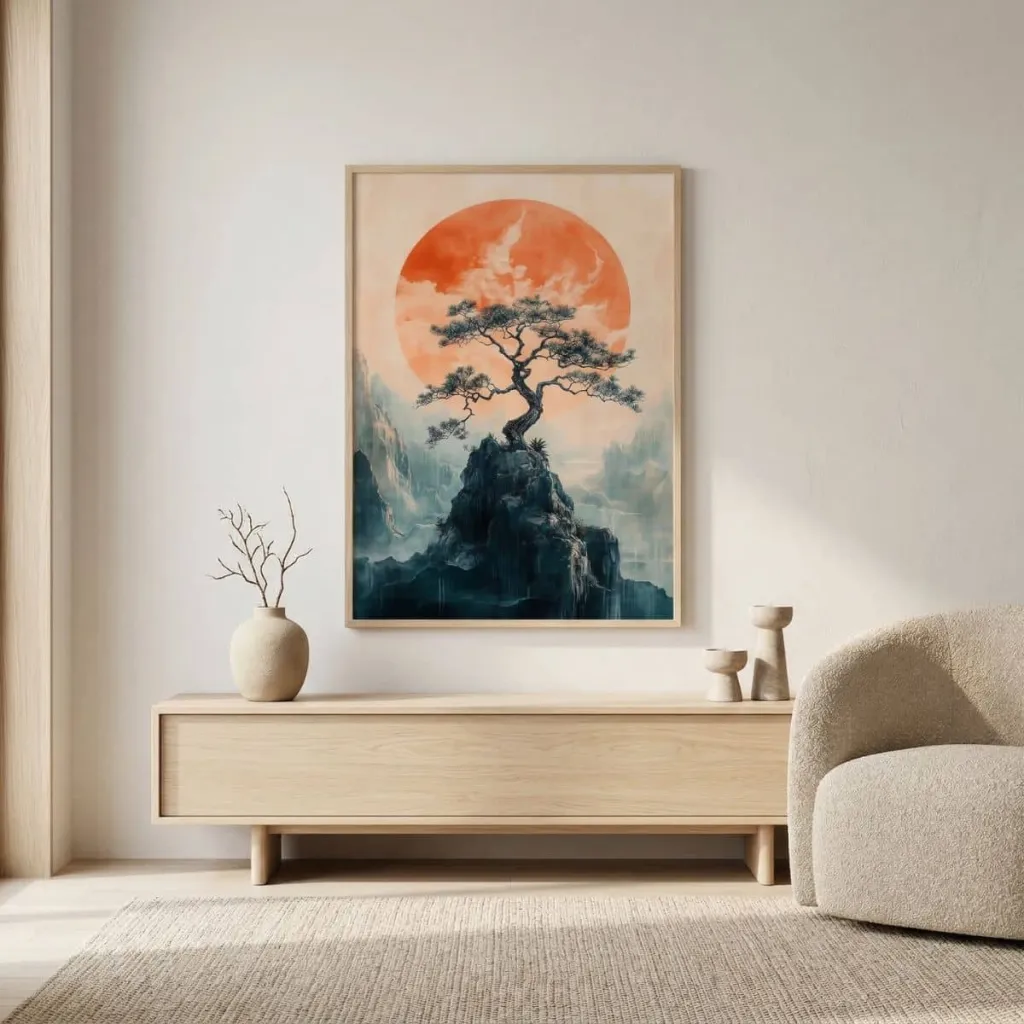 Japandi Pine and Sunrise Landscape Poster — a piece designed for serenity