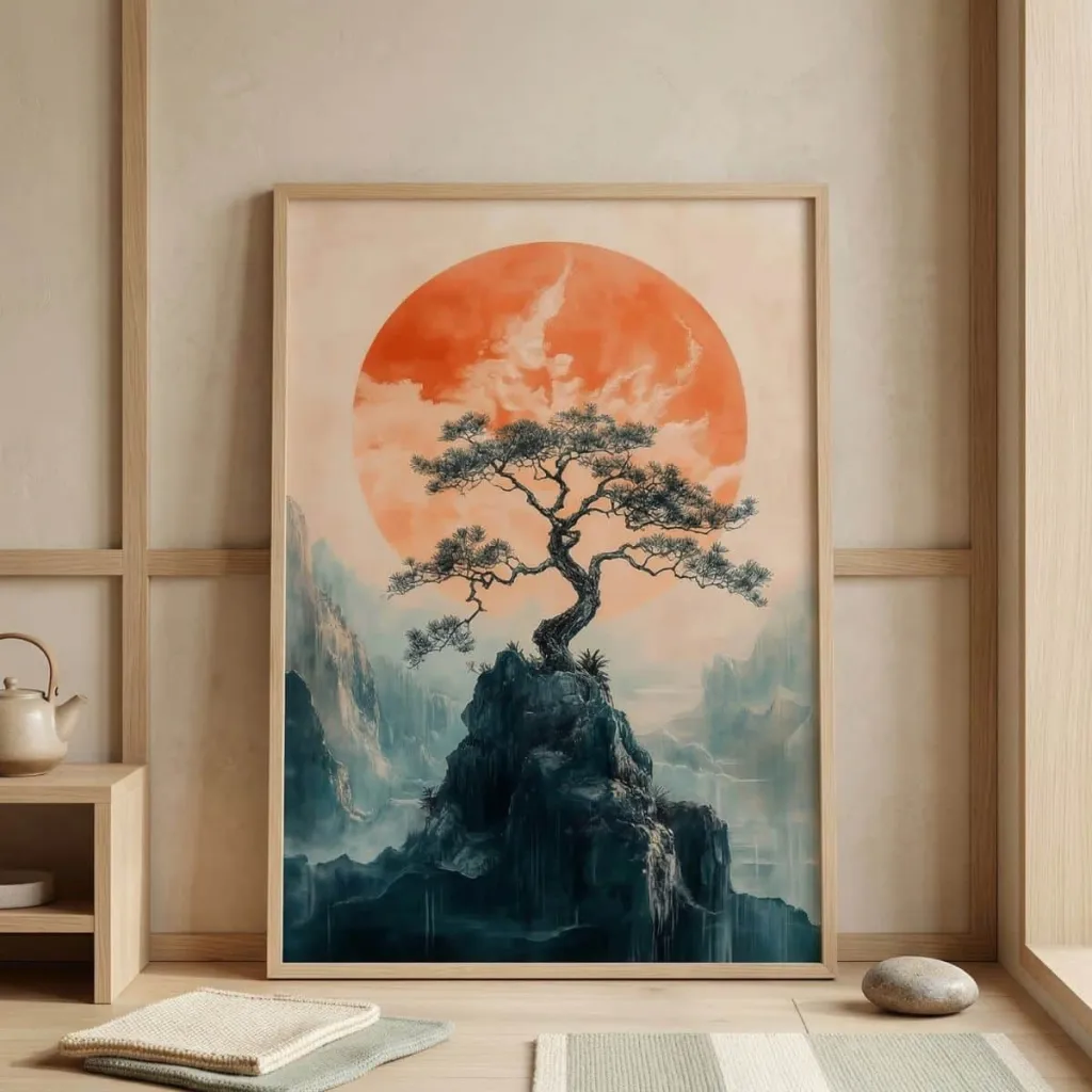 Japandi Pine and Sunrise Landscape Poster — where minimalism meets durability