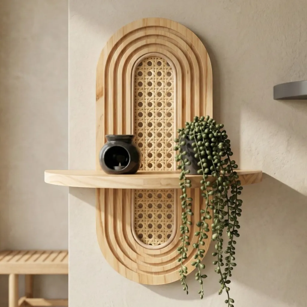 Japandi Rattan and Light Wood Shelf