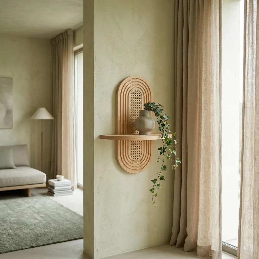 Japandi Rattan and Light Wood Shelf — a piece designed for serenity