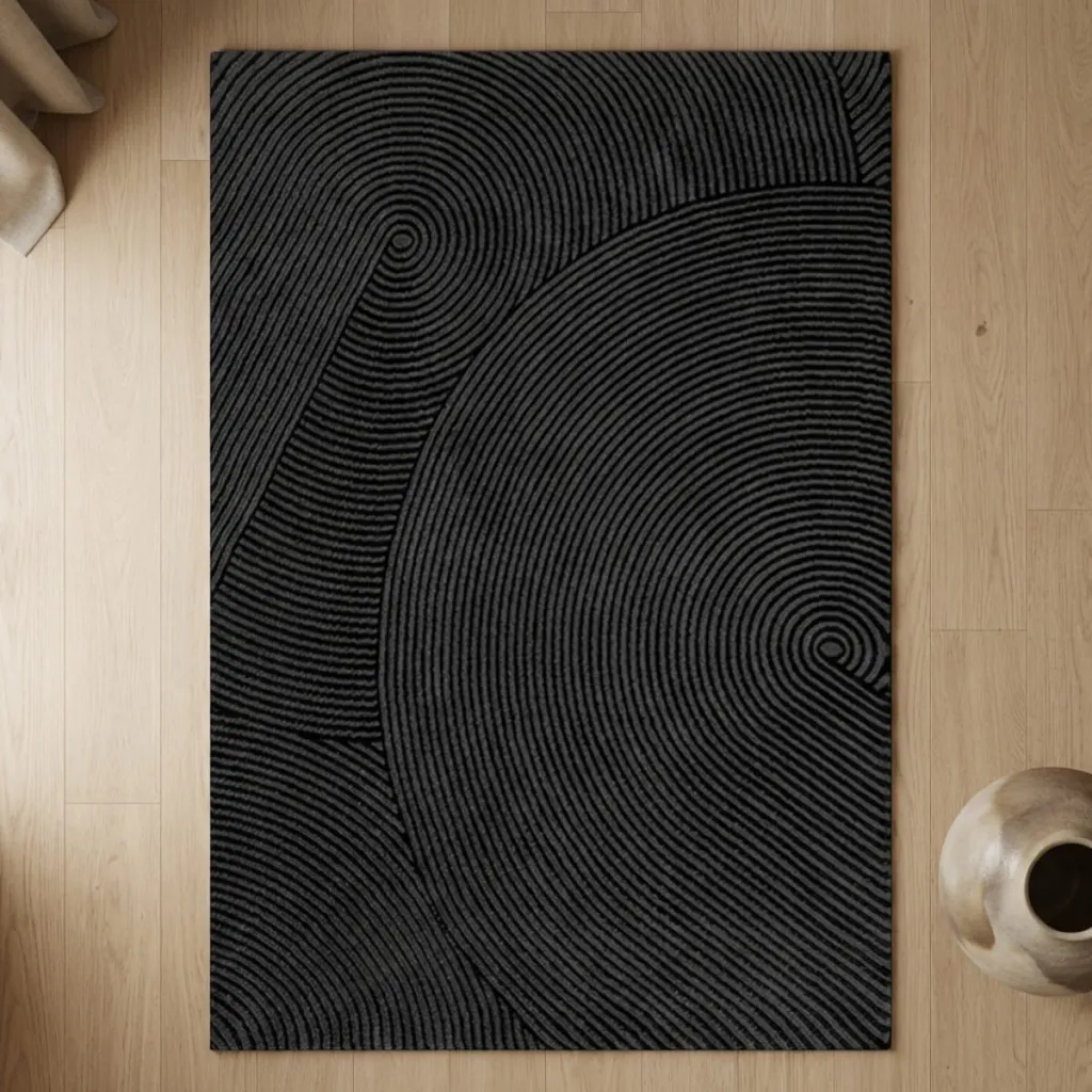 Japandi Rectangular Black Circular Relief Rug