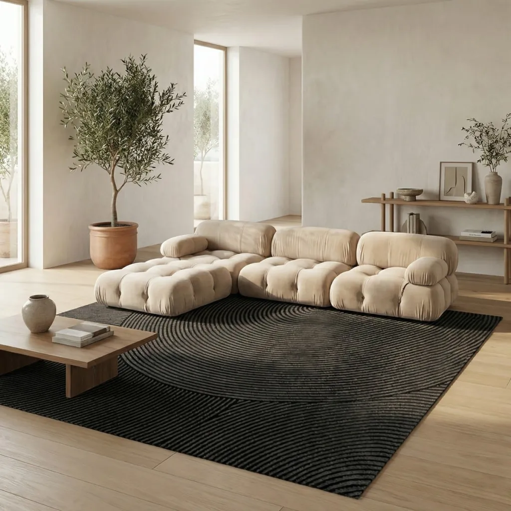 Japandi Rectangular Black Circular Relief Rug — a piece designed for serenity