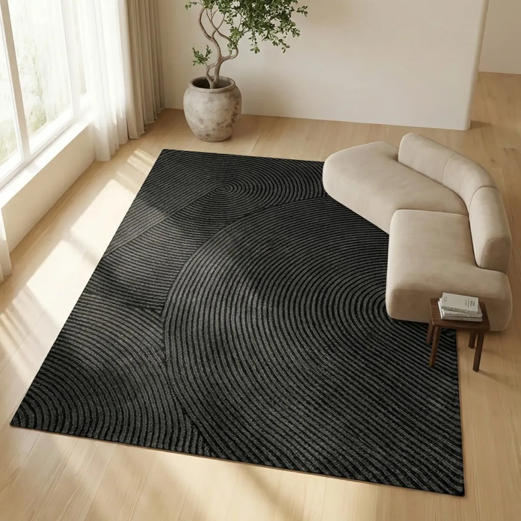 Japandi Rectangular Black Circular Relief Rug — where minimalism meets durability