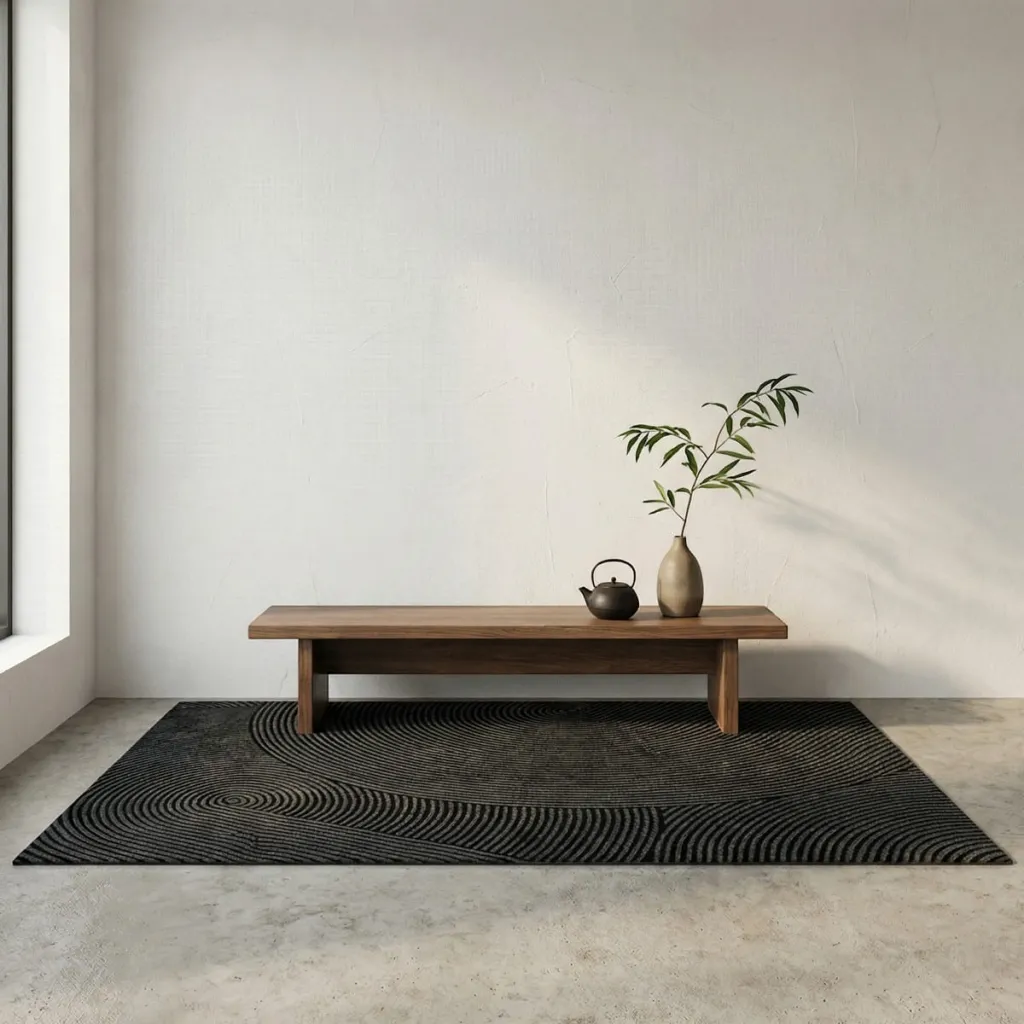 Japandi Rectangular Black Circular Relief Rug — flexible, beautiful styling